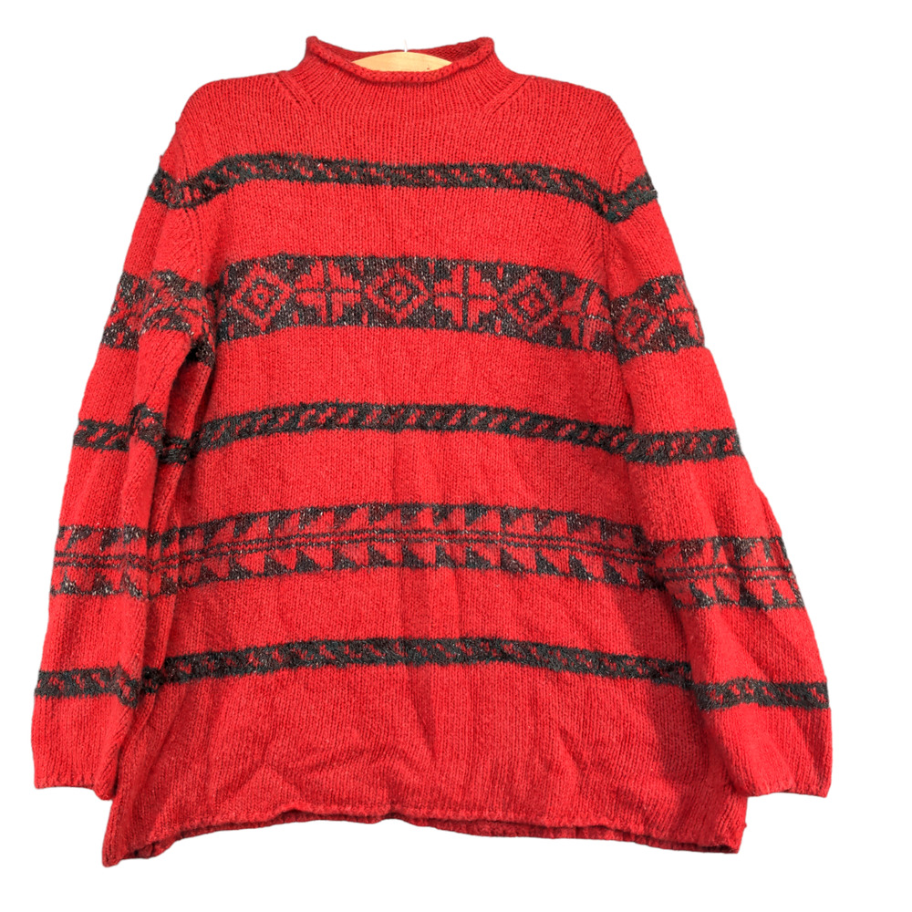Marsh Landing Women's Tunic Knit Sweater Red Large Fair Isle Pattern Mock Neck